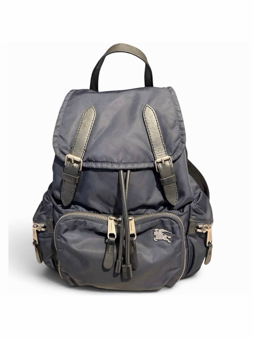 Burberry Blue Nylon Rucksack Backpack Black Leather Trim Silver Hardware w/COA
